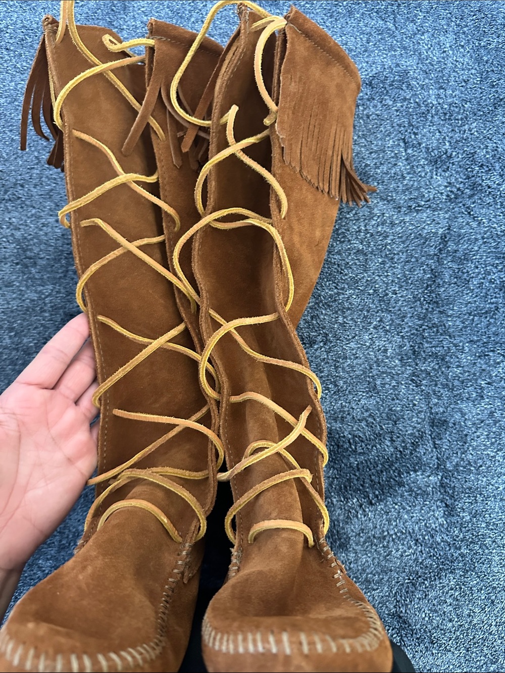 Women's Brown Suede Fringe Lace-Up Knee Boots